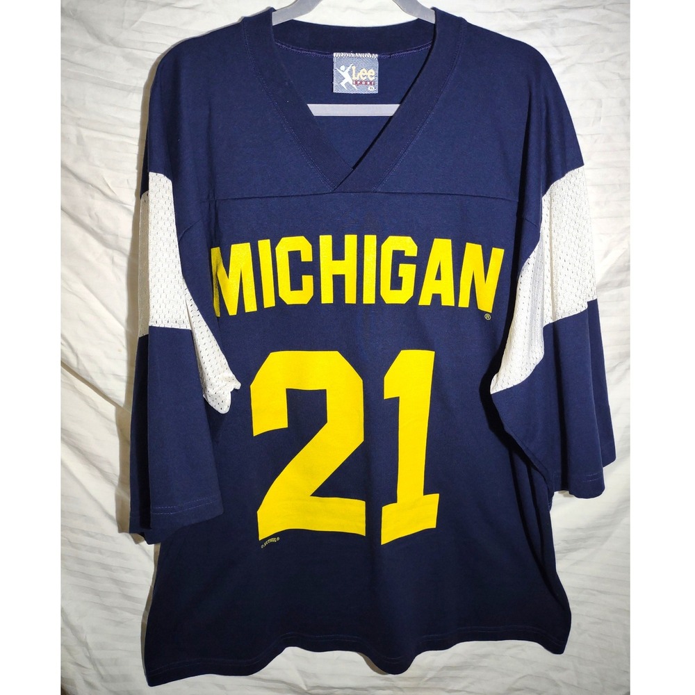 Vtg Lee Navy Blue Michigan #21 Jersey with Yellow Graphics